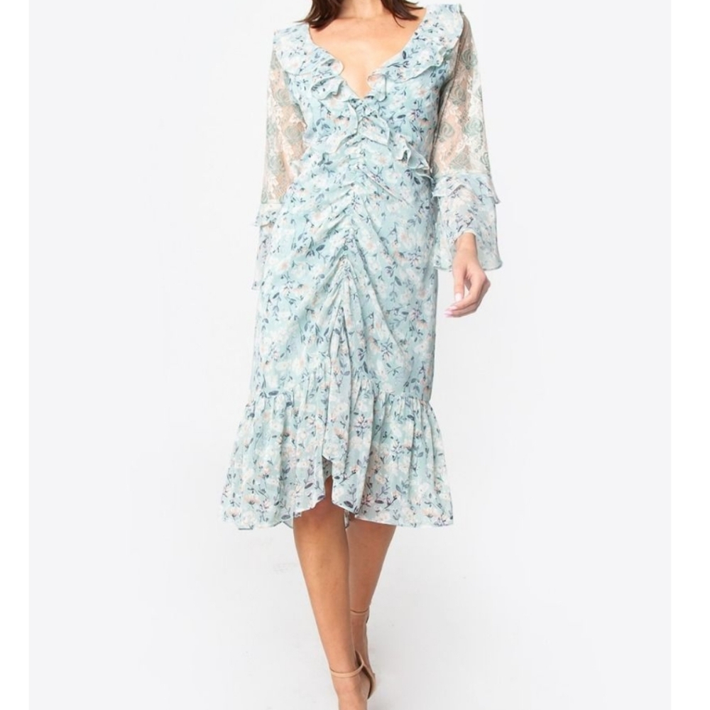 Sugarlips Floral Ruched Open Back Long  Sleeve Dress